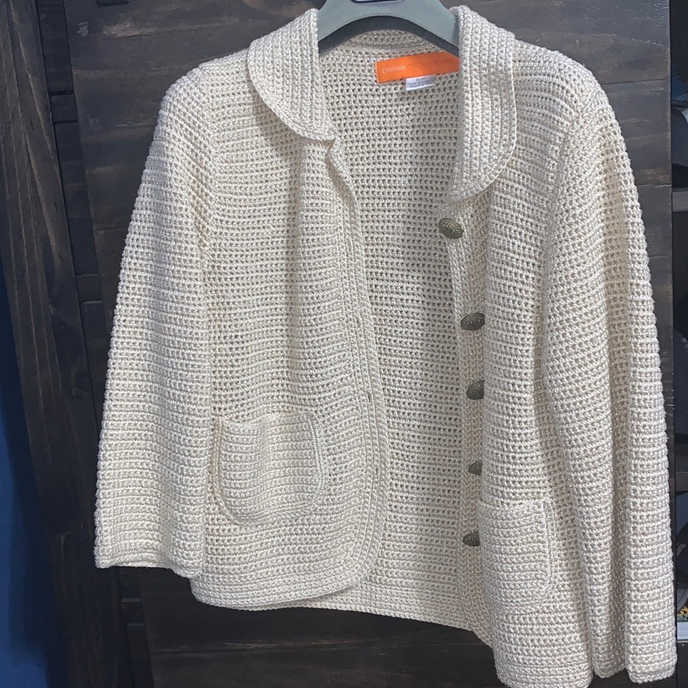 Cynthia Steffe cream with gold sparkly lining button up sweater